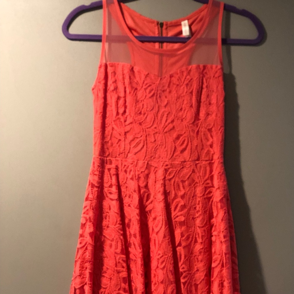 Coral Dress with lace and mesh top